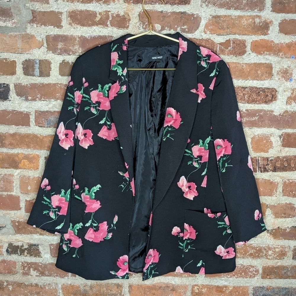 Nine West XL Black & Pink Floral Open Front 3/4 Sleeve Blazer